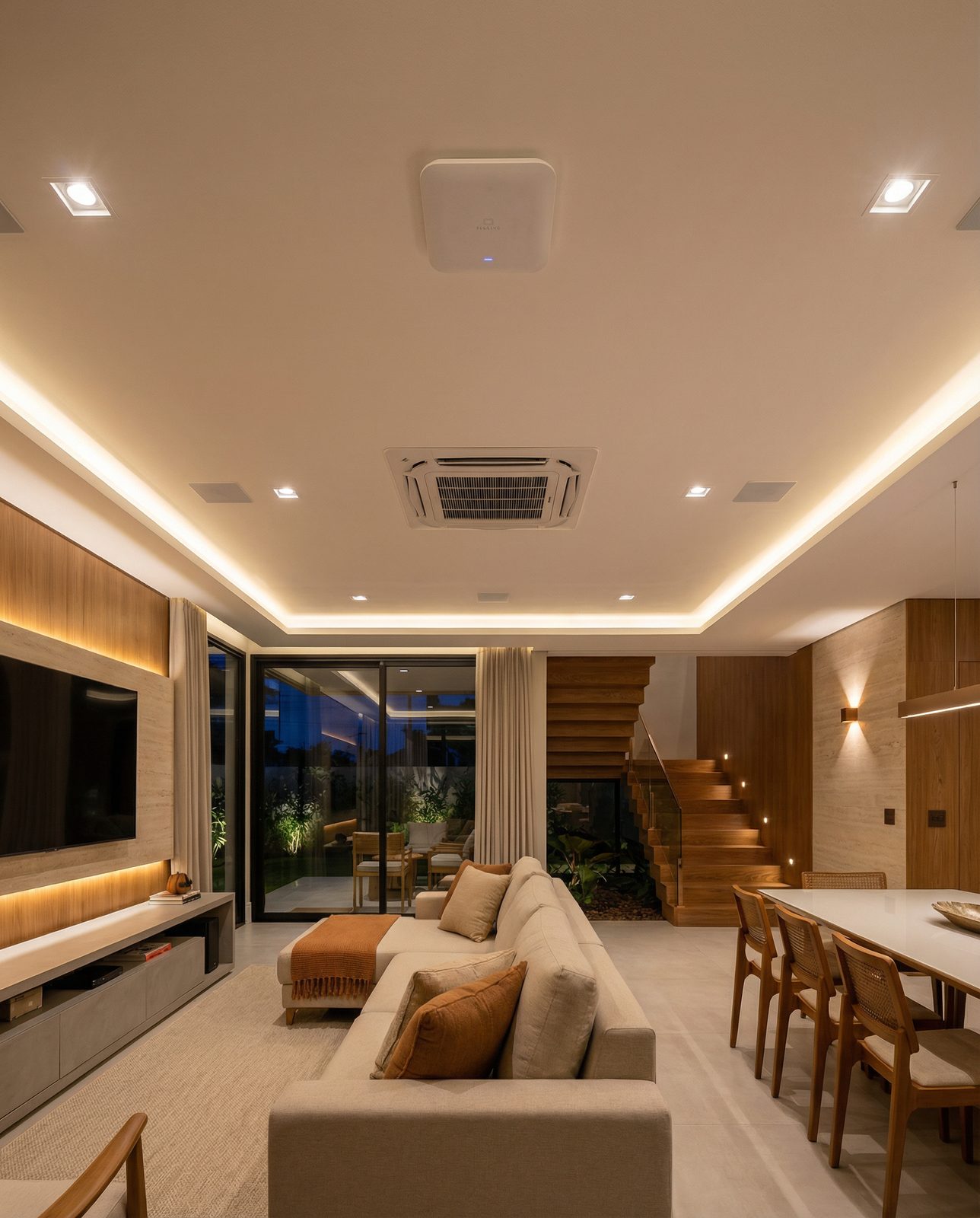 Living integrado com sanca de luz indireta, som embutido no teto e jantar ao fundo